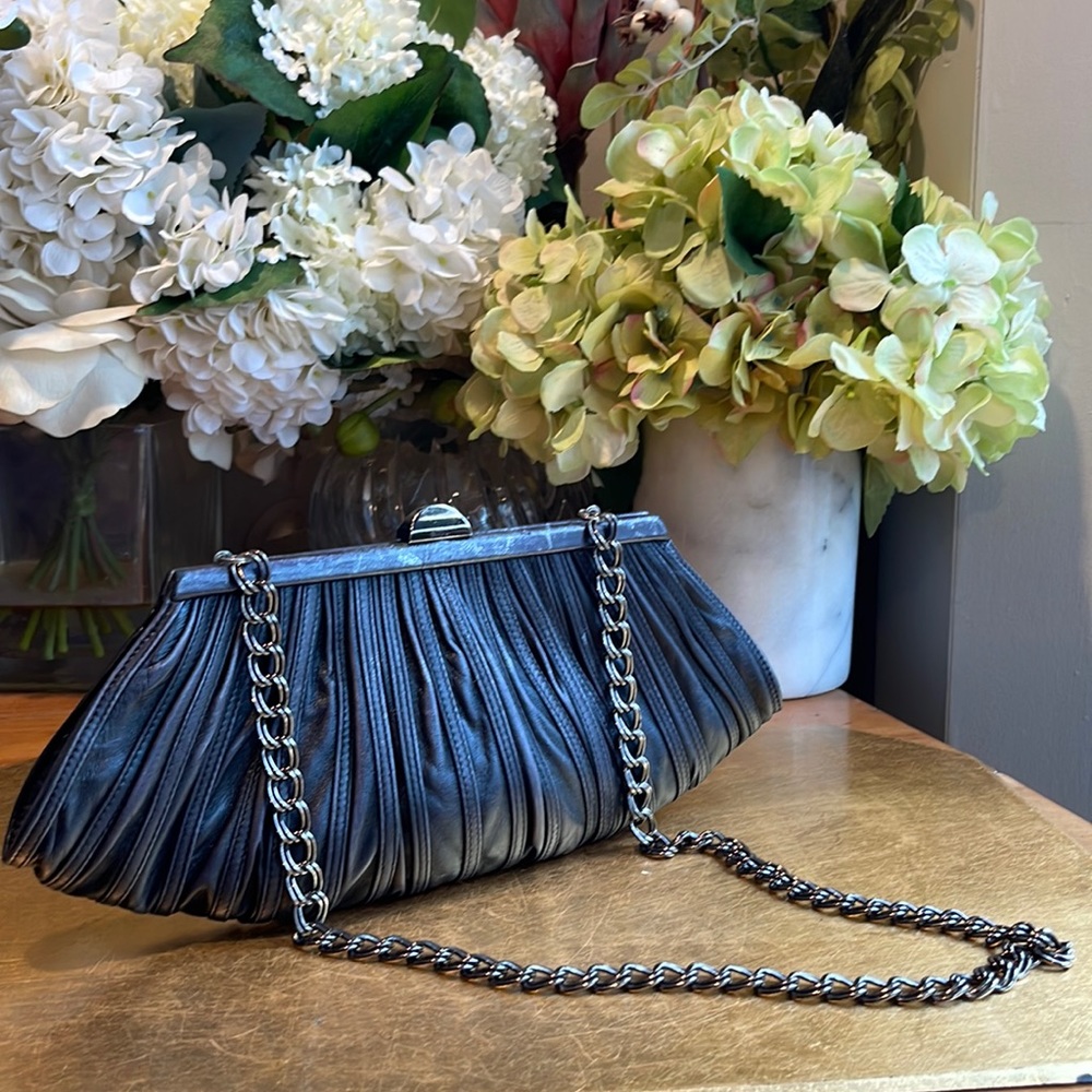 RODO Switzerland Pleated Leather and Metal Chain Clutch | Evening Bag